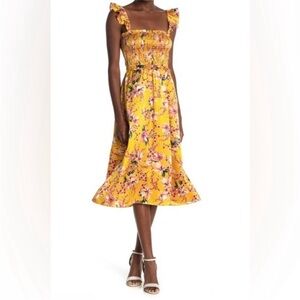 Cami NYC Katelyn Yellow Floral Silk Smocked Midi Dress Size XL